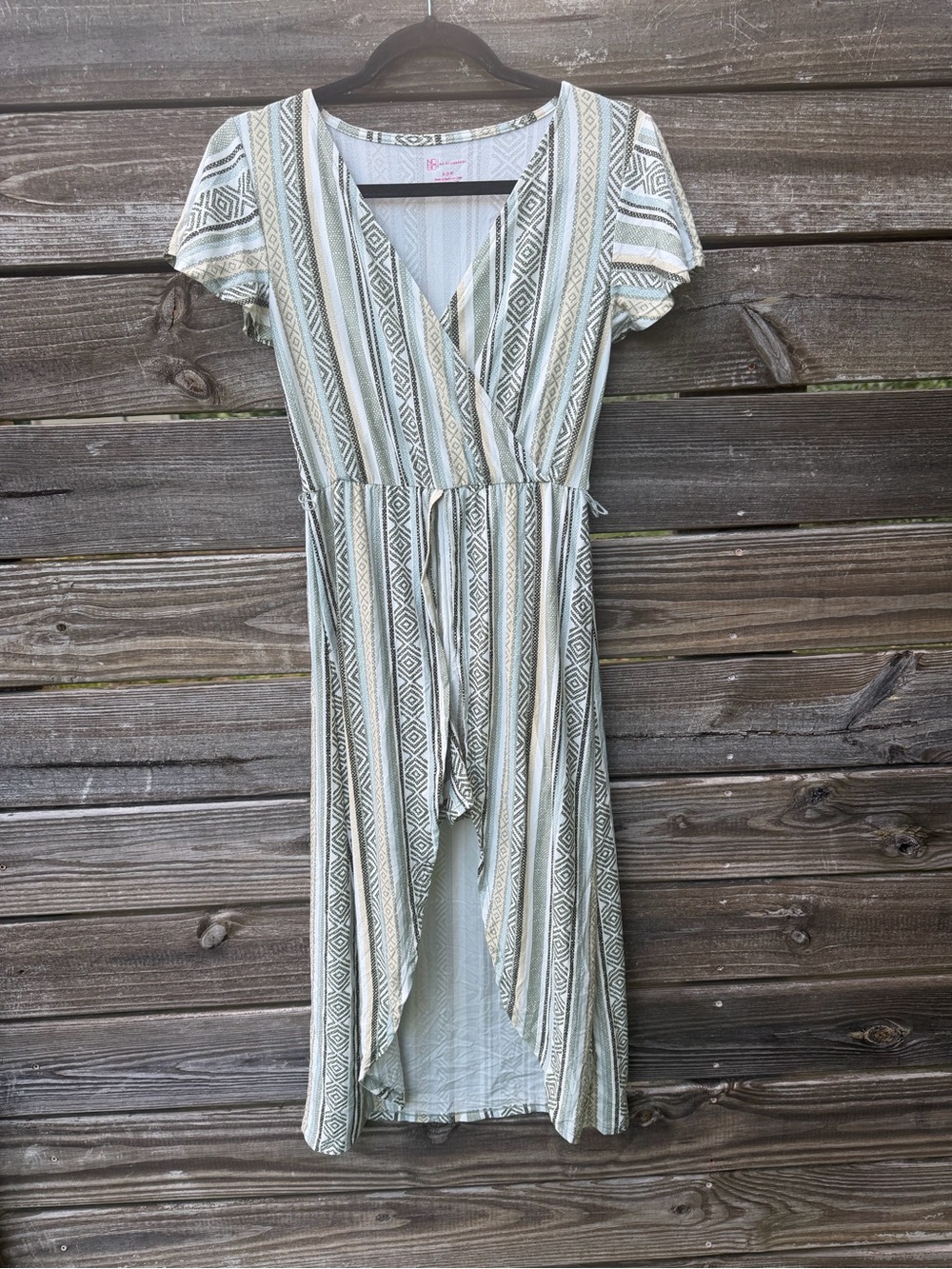 No Boundaries Sage and Cream Striped Maxi Romper Small Faux Wrap High Low Skirt